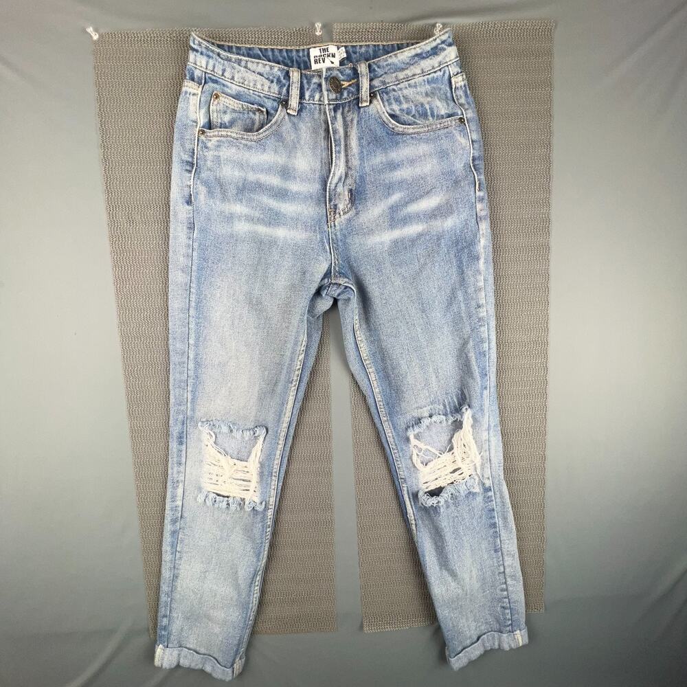 The Rockn Rev Distressed Knee Rigid Cotton Jeans Light Wash Tapered US 4